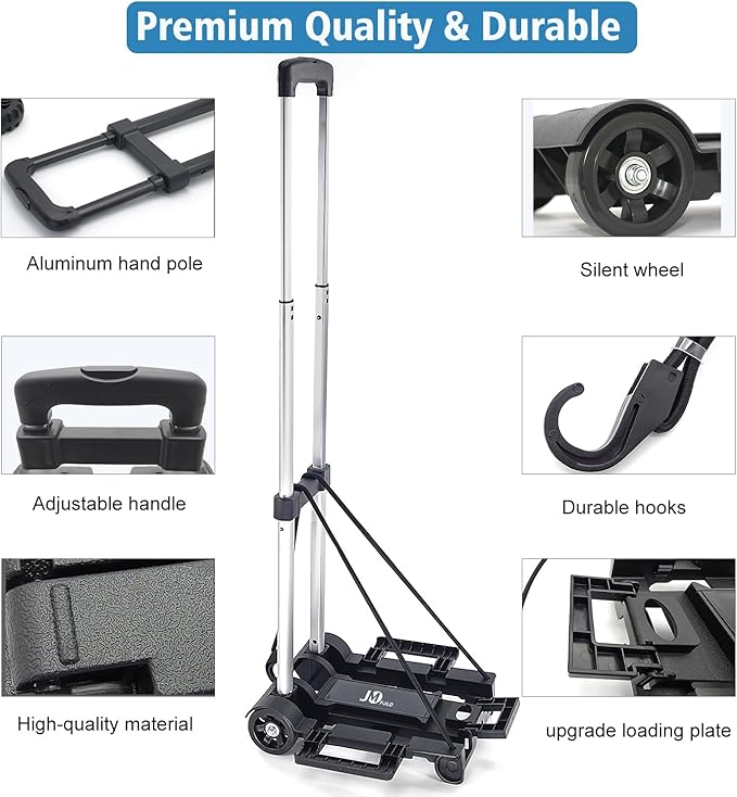 Folding Hand Truck 70 lbs，Small Dolly with 2 Wheels，Folding Luggage cart， Lightweight Aluminum Foldable Luggage Cart，for Airport,Travel,Moving and Office Use (Silver-Aluminum)