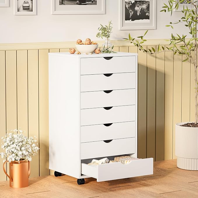 Sweetcrispy 7 Drawer Rolling Storage Cabinet, Wood Under Desk Mobile Dresser with Wheels, Small Organizer Chest for Home Office, Bedroom, Rolling Vertical Organizer for Home Office, White