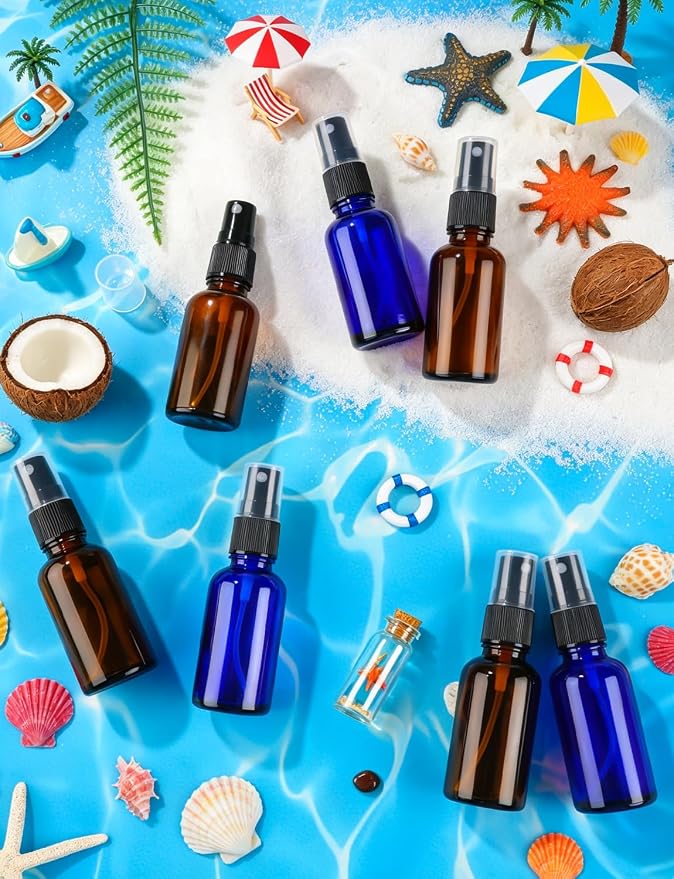 10 Pcs Glass Spray Bottles, 30ML/1OZ Amber Brown Blue Empty Fine Mist Small Travel Spray Bottle Refillable with 2 Funnels and 2 Labels