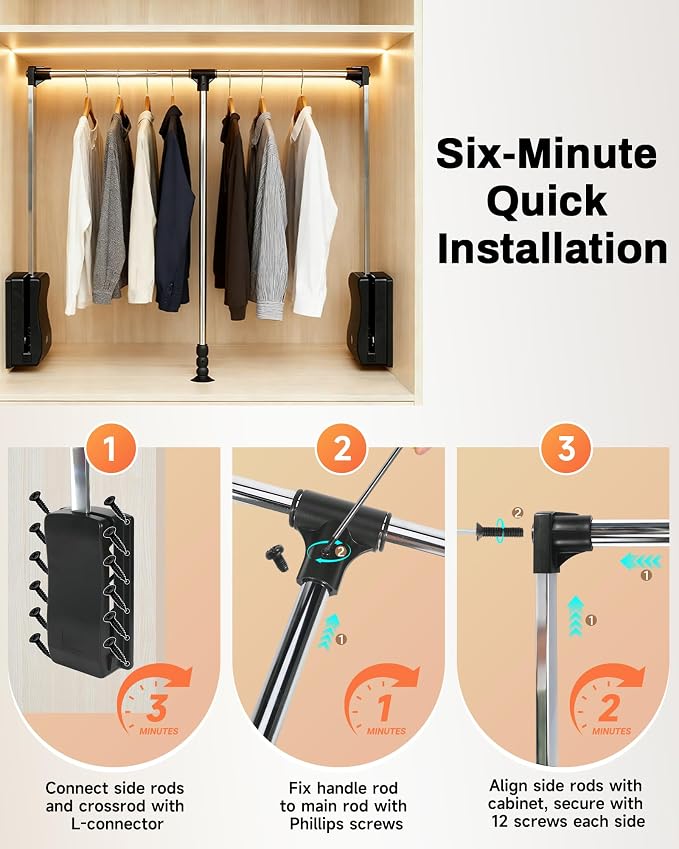 Pull Down Closet Rod, 24‘’-33‘’ Adjustable, 40 lbs Capacity | Polished Metal Surface, Two-Way Buffering System, Smooth Pull-Down Access, Side-Mounted Design, Space-Saving Closet Organizer