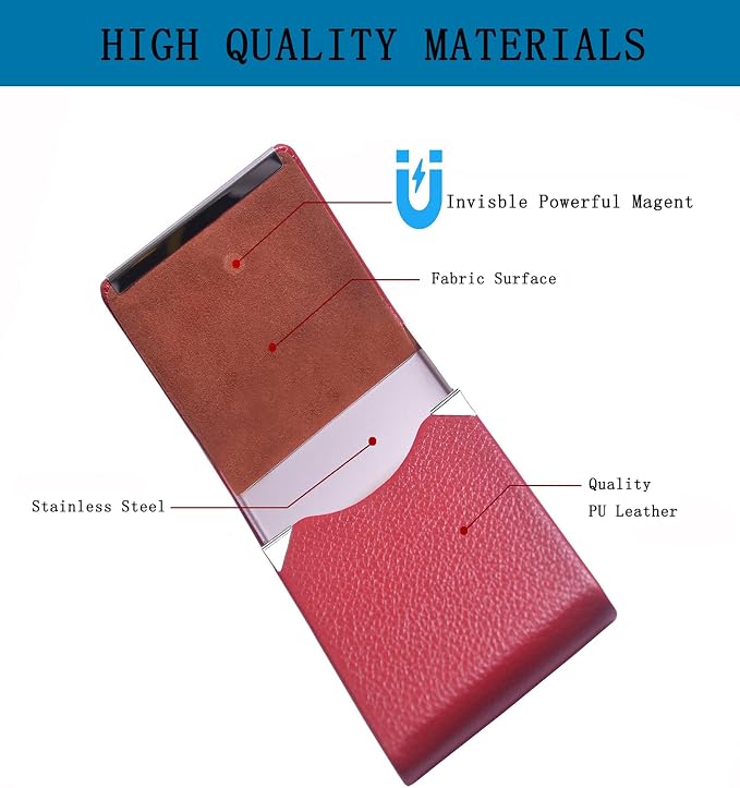 Business Card Holder with Ultra Slim Design,Business Card Case with Premium PU Leather, Suit Pocket Metal Card Holder for Women/Men,Professional Name Card Holder with Magnetic Shut(Red)