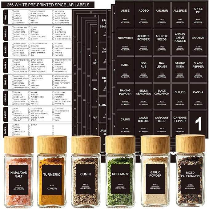 256 Spice Labels Minimalist Waterproof Spice Jar Stickers Removable Oil-Resistant Preprinted Spice with Blank Label for Kitchen Herb & Seasoning Labels Food Containers Organizers Storage Bins