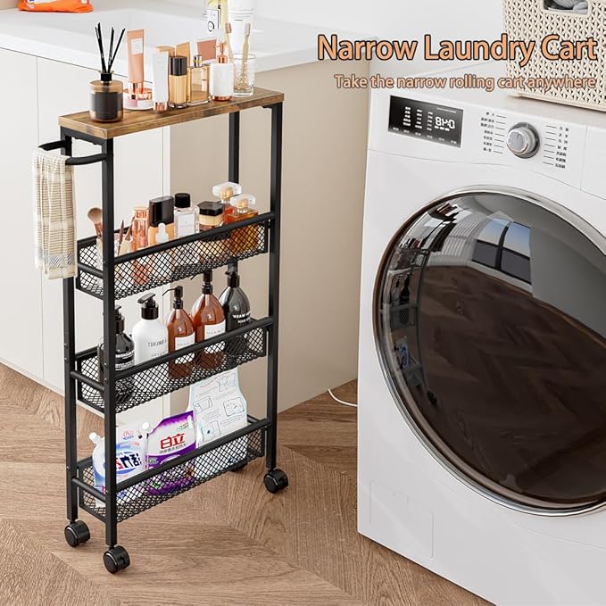 AZERPIAN Slim Rolling Cart 4 Tier Narrow Storage Cart on Wheels with Metal Handle for Kitchen Dining Living Home Office Laundry Room