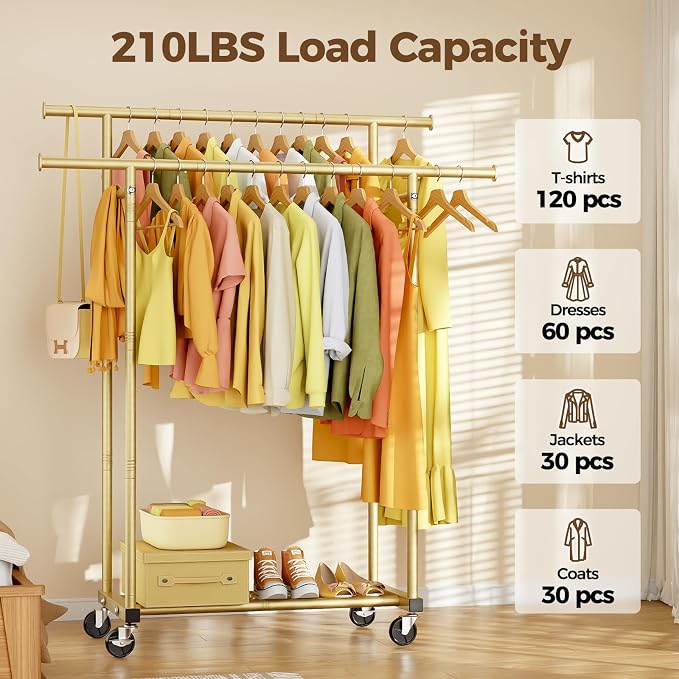 HYSEYY Double Rods Clothes Rack, Sturdy Rolling Clothing Rack, Portable Clothing Racks for Hanging Clothes - Metal Garment Rack Wardrobe Coat Rack for Bedroom Laundry Living Room, Light Gold