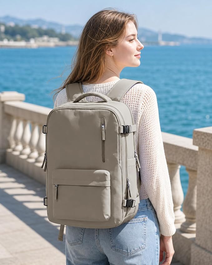 WONHOX Vacuum Seal Backpack for Travel with Air Pump 18x14x8 inches Vacpack Carry on Flight Approved Compression Daypack Laptop Space Saver Bag Storage with Vacuum System Travel Bags Women GreyBrown