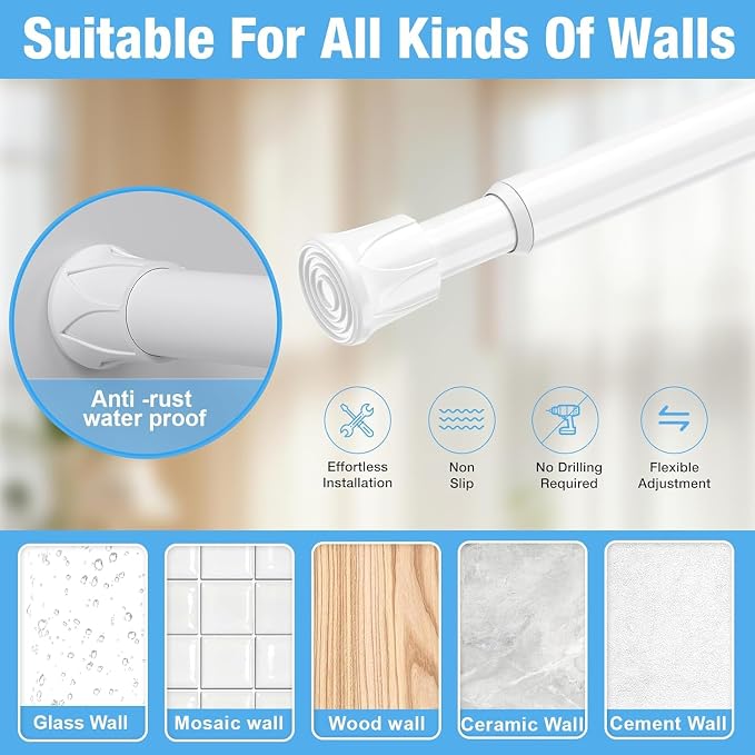 2 Pack White Spring Tension Curtain Rods 28-38 Inches, Spring Loaded Curtain Rods No Drilling, Adjustable Small Tension Rod for Windows, Kitchen, Doorway, Bathroom, Closet