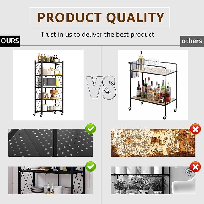 Heavy Duty 5-Tier Foldable Storage Shelf with Locking Wheels, No Assembly Metal Shelving Unit, Space-Saving Organizer for Garage, Kitchen, Basement, Pantry, 28" x 14" x 62", Black (2)