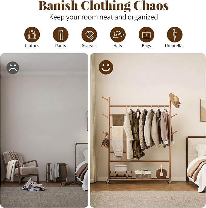 Yoobure Solid Wood Clothing Rack - Rolling Clothes Rack with Wheels, 4-in-1 Coat Rack with Pants Rack & Shelf, Freestanding Clothing Racks for Hanging Clothes, Garment Rack for Closet Bedroom Entryway
