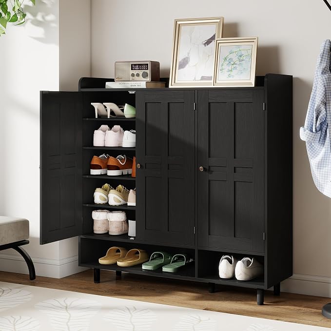 Shoe Cabinet with 3 Doors and Adjustable Shelves, Large Shoe Storage Cabinet for 24–30 Pairs, Modern Farmhouse Shoe Organizer with Open Bottom Shelf for Entryway, Living Room, Black