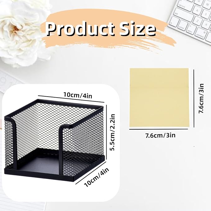 Sticky Note Holder，Mesh Memo Holder with 1 Pack Sticky Note Black Memo Pad Holder Cube Holder for Office Home School