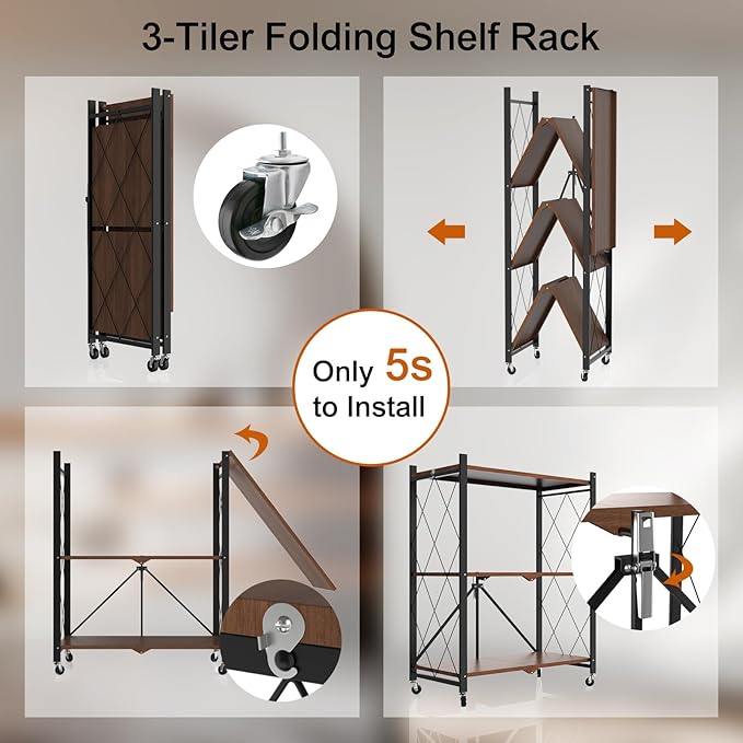 3 Tier Folding Storage Shelves with Wheels, Foldable Bookshelf No Assembly Collapsible Shelf Heavy Duty Rolling Shelving Unit for Kitchen Bedroom Living Room (Black, 27.9"x 13.3"x 35.4")