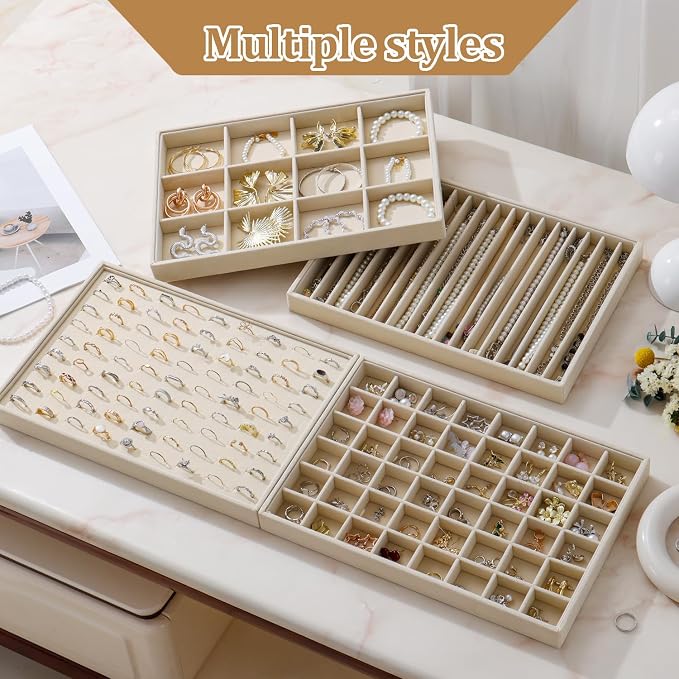 Large Jewelry Organizer for Drawer Insert Velvet Stackable Jewelry Trays for Earring Necklace Bracelet Ring Display (Beige, Ring 81 Slots)
