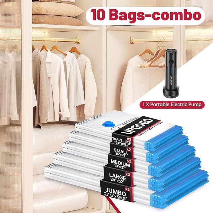 UPGOGO Vacuum Storage Bags with Portable Electric Pump,Vacuum Seal Bags for Clothing,Space Saver Bags,Vacuum Travel Bags for Luggage(Combo 10 Pack)