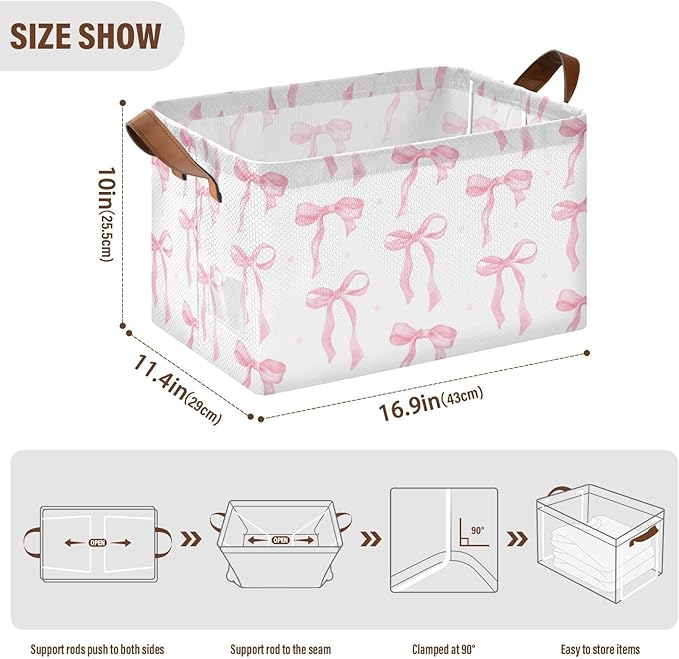 Preppy Pink Bow Storage Basket Cute Bowknot Foldable Cube Storage Bins with Handles&Labels Coquette Waterproof Collapsible Organizer Box Bin Large Decorative Baskets for Shelves Home Living Room