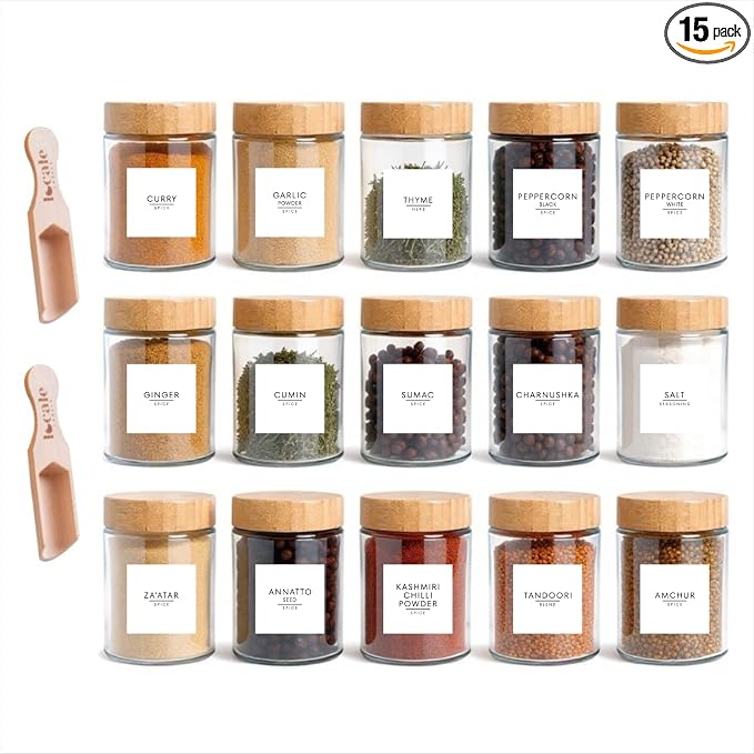 Glass Spice Jars & Labels- 8oz with Bamboo Lids - Spice Containers with 360 labels, Bamboo Lids & Measuring Spoons - Pantry Organization Storage Set for Spices Herbs Seasonings (15)