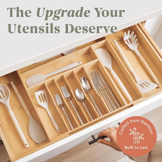 KitchenEdge Premium Silverware, Flatware and Utensil Organizer for Kitchen Drawers, Food-Safe Contract Grade, Expandable from 18 to 33 In, Natural Bamboo
