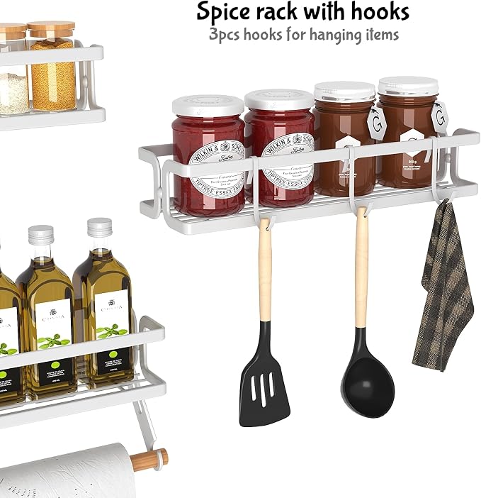 3 Pack Spice Rack Wall Mount, White | Paper Towel Holder and Hooks, Screw or Adhesive Hanging, Space Saving, For Stove, Cabinet, Pantry