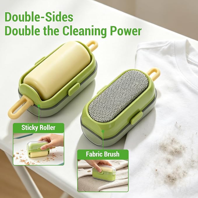 Mini Lint Brush/Roller, 2-in-1 Lint Remover, Green | Washable, Reusable Lint Roller, Portable Travel Size, For Pet Hair, Clothes, Carpet, Car, Includes Cleaning Brush