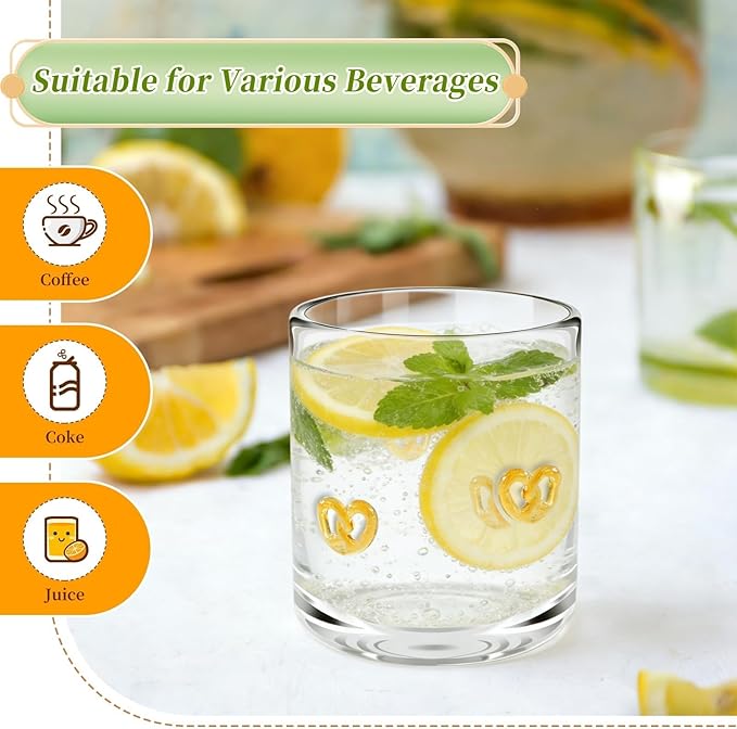 14 Ounce Icon Juice Glasses, Aesthetic Cocktail & Old Fashioned Drinking Glasses, Iconic Clear Glass Cups for Women, Sister, Friend & Party Gifts (Pretzels)