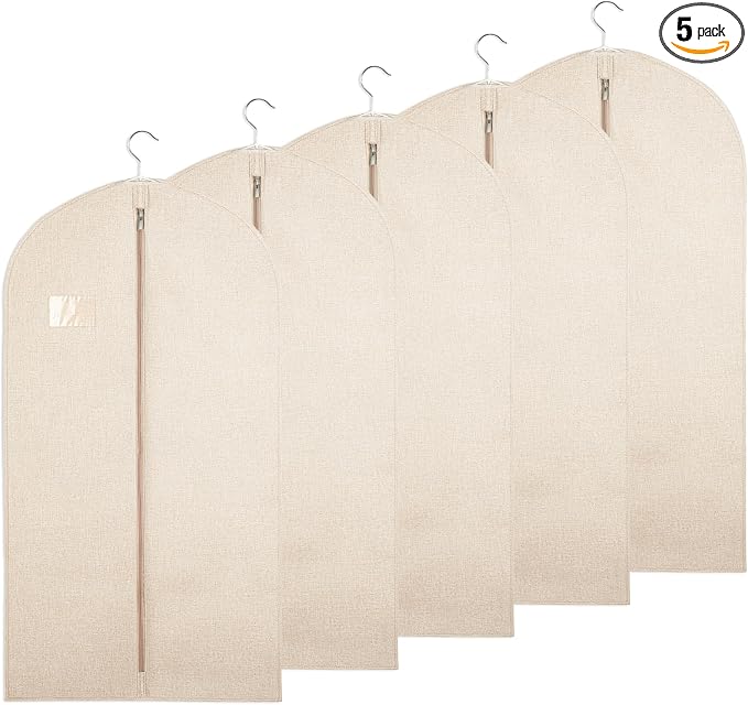 5 Pack Cotton Garment Bags for Hanging Clothes, 24 x 40 Inch | Breathable Canvas Suit Bags Linen Hanging Suit Cover for Closet Storage Short Dresses Suits Gowns Travel Garment Cover
