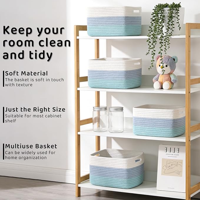 4 Pack Storage Baskets for Organizing, 11''Lx9''Wx8''H Woven Baskets for Storage Toys, Towels, Books, and Clothes, Cotton Rope Basket for Shelves with Handle White & Brown