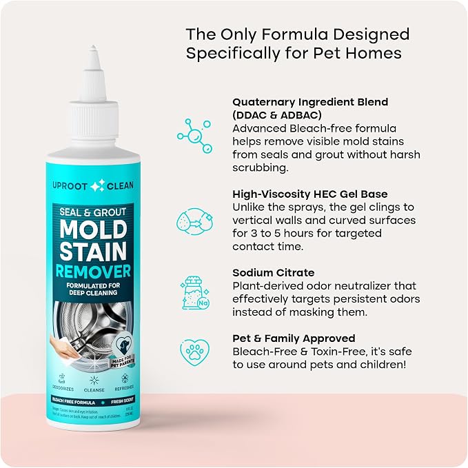 Uproot Clean Mold Stain Remover Gel for Washer,Shower,Bathroom,Caulk, 8 oz | Bleach-Free Stay-Put Gel for Washer Seals, Grout, Caulk & Fridges - Clings to surfaces, Lifts Visible Stains, Fresh Scent