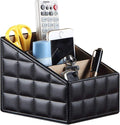Fashionable PU Leather TV Remote Control Holder with 3 Compartments, Storage Rack, Storage Box, Media Accessory Storage, Desk Organizers (Black Grid)