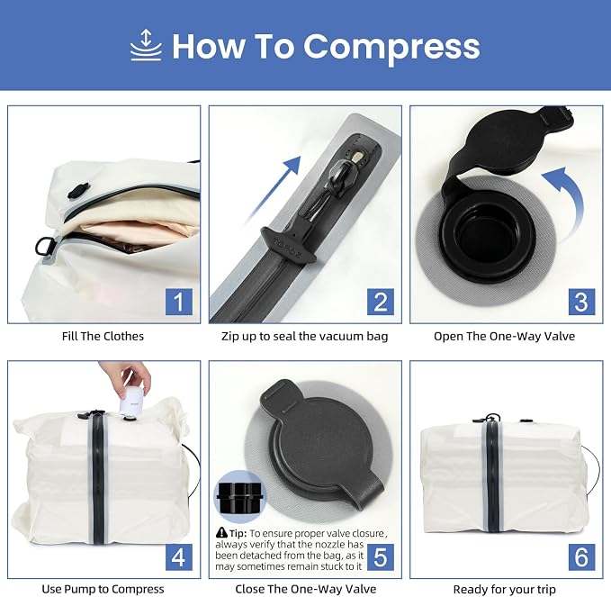 BAGAIL TPU Vacuum Bag for Travel, Reusable Compression Bag with IPX8 Waterproof Zipper, Save Space for Suitcase, Backpack and Carry on (Cream, Large, With Pump)