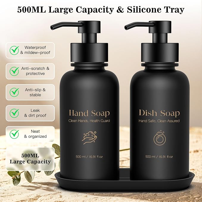 16.9 Oz Glass Foaming Soap Dispenser 2 Pack(Black) | Refillable Hand & Dish Soap Pump, With Silicone Tray & 8 Waterproof Labels, For Bathroom & Kitchen，Perfect Housewarming Gift