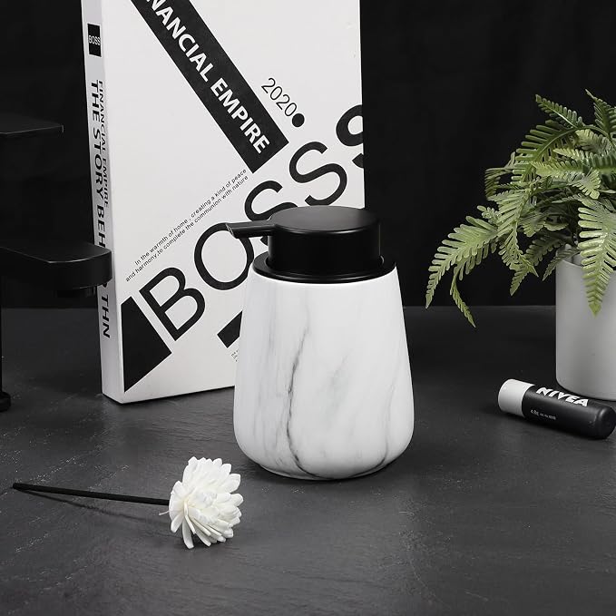 12Oz Ceramic Liquid Soap Dispenser - Modern Lotion Hand Soap Dispenser with Easy-to-Press Black Pump, Reusable and Refillable Dish Soap Dispensers for Bathroom & Kitchen, Marble White