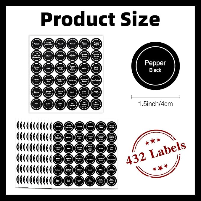 Spice Labels, 432 Pcs Self-Adhensive Round Spice Jar Labels, 1.5 In Waterproof Preprinted Chalkboard Style Tear Resistant Labels Stickers for Kitchen Food Pantry Glass Spices Jars Seasoning Containers