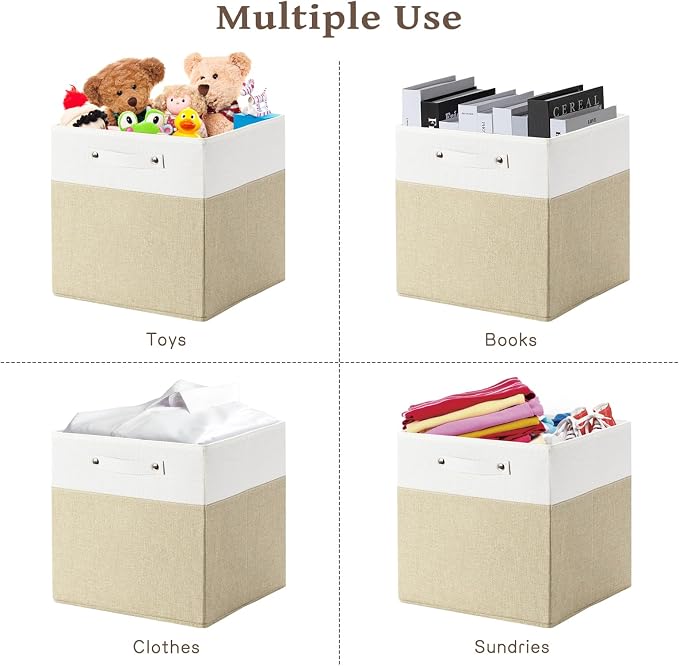 FinishingBo 13 x 13 Inch Fine Linen Storage Bins with Handles，Fabric Cube Boxs，Basket Organizers for Shelves for Home, Closet Drawers (White/Khaki-6 Pack)