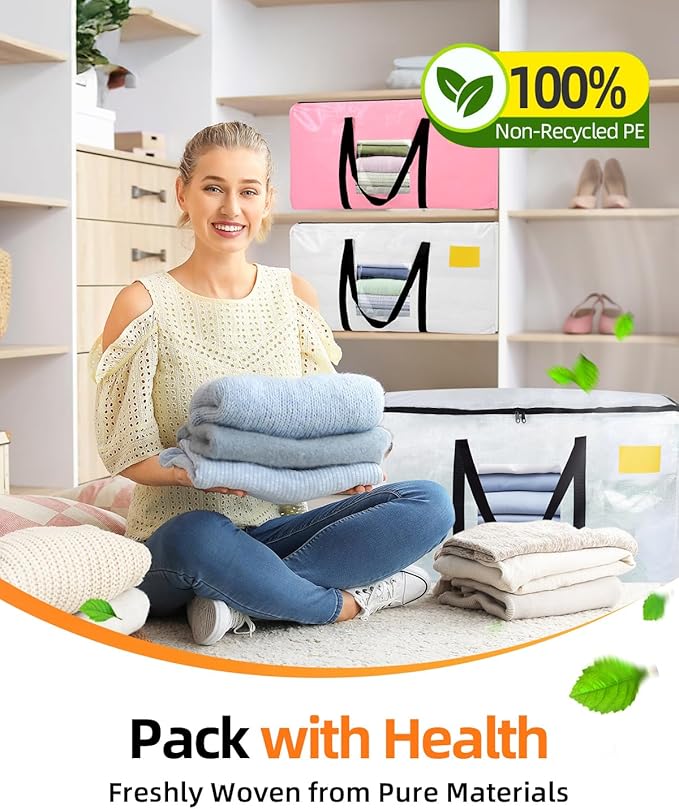 Extra Large Moving Bags, 4 Pack Heavy Duty Storage Bags Boxes Bins Totes with Hnadles Zippers Visible Window for Clothes College Dorm Travel, Clear