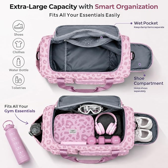 FIORETTO Women's Gym Duffle Bag with Shoes Compartment, 30L Capacity, Ideal for Travel, Gym, Sports, Duffel, Weekender