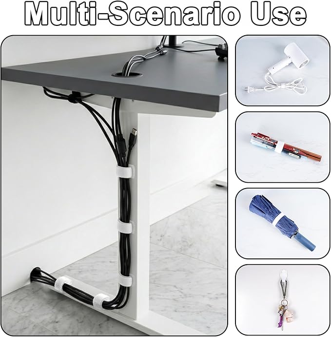 Cable Management Under Desk,Detachable Cable Management,Adjustable Hook and Loop Cable Ties,Reusable Cable Management Under Desk,Cable Clips Under Desk,20Pack(White)