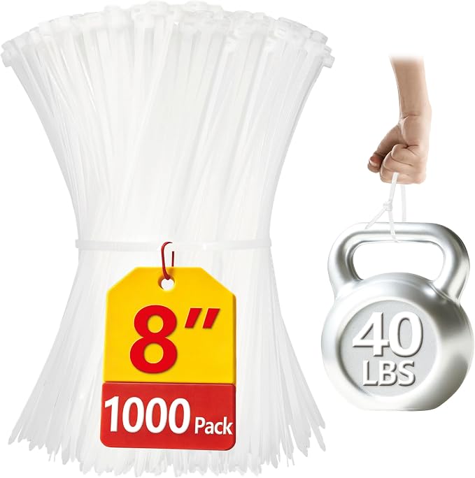White Zip Ties 8 inch, 1000 Pack, 40lbs, Cable Ties, Zipties Clear, Boacua | 1000-Pack Versatile Ties: 8" clear cable ties, 40lbs tensile strength. Ideal for organizing cables, home & garden