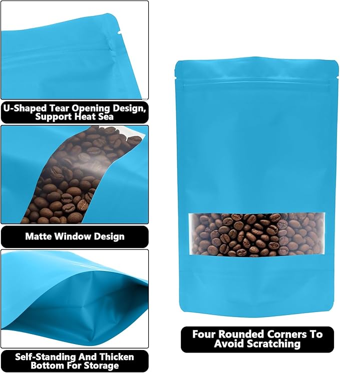 100PCS Foil Pouch Mylar Bags with Clear Window,ULIFESTAR Stand Up Sealable Bags with Tear Notches,Resealable for Food,Party Favors,Gift Packaging and Small Business(14 * 20cm/5.51 * 7.87",Blue)
