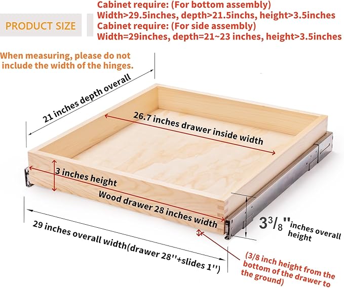 Mulush 28”W x 21”D x 3”H Soft Close Slide Out Wood Drawer Organizer for Kitchen, (Cabinet Opening>29.5 inches for Bottom Assembly, Width= 29 inches for Side Assembly)
