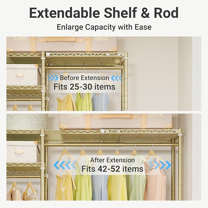 VIPEK X20 Expandable Metal Clothing Rack Adjustable from 3'3" to 4'8" Heavy Duty Garment Racks With Shelves and Hanger Rods Portable Wardrobe Open Closet System, Gold