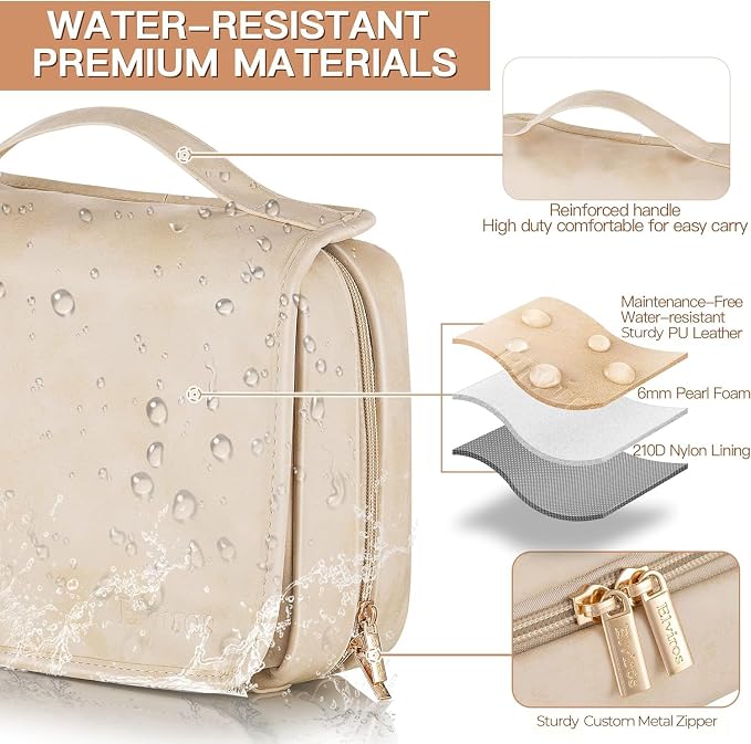 Elviros Hanging Travel Toiletry Bag for Women Vegan Leather (Beige) | 3-in-1 Waterproof Makeup Bag with Compartments for Skincare, Toiletries, Accessories, and Travel Essentials