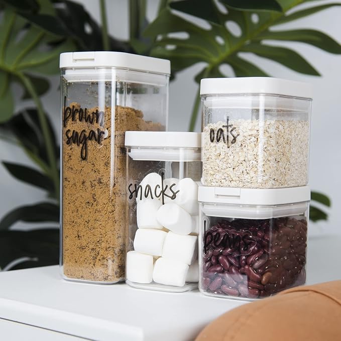 180 Pantry Labels, Prefdo Waterproof White Script Preprinted Food Names Label Stickers for Kitchen Organization Storage Containers, Jars & Canisters (Black)