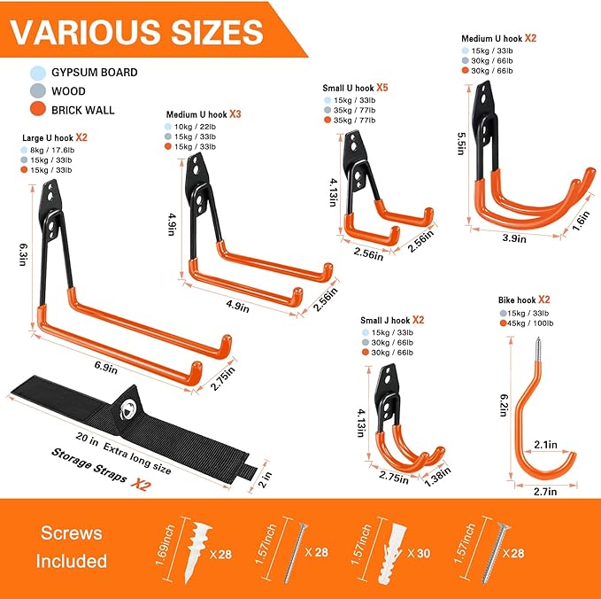 HUPBIPY 18 Pack Garage Hooks Heavy Duty, Wall Mount Ladder Hooks | Storage Organizer With a non-slip coating for Hanging Bicycles Garden Tools Ladders Hoses Ropes and Loose Items(Orange)