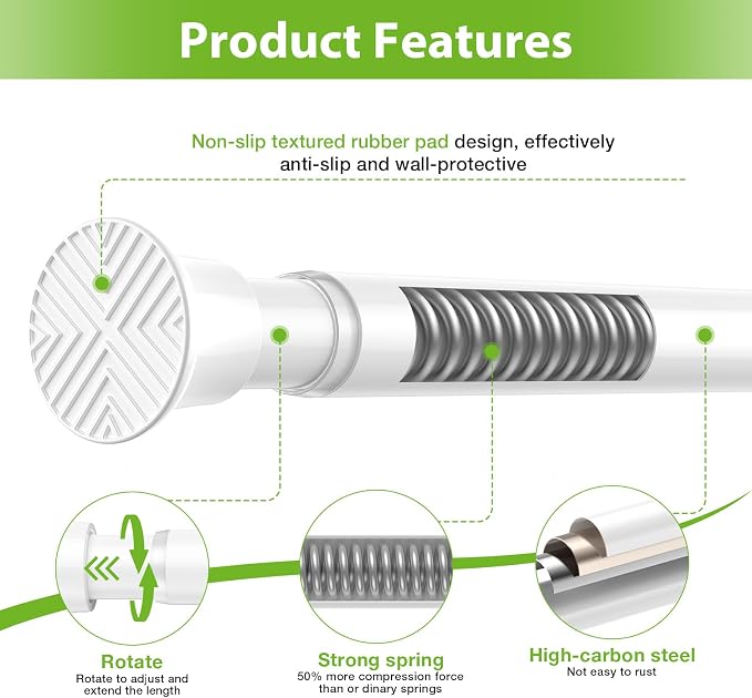 2Pcs Spring Tension Curtain Rod, Shower Curtain Rod 31-62 Inch, Spring Loaded Curtain Rod No Drilling, Adjustable 7/8" Diameter Tension Rod for Windows Bedroom Bathroom Doorway Closet, White
