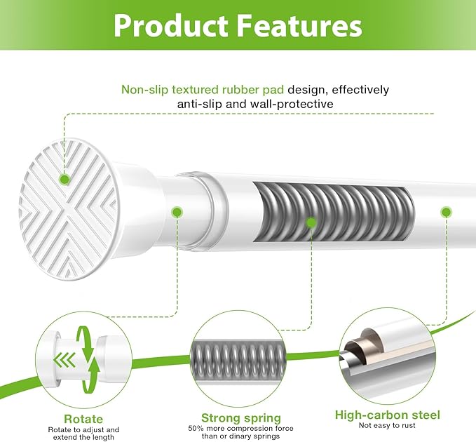 1Pcs Spring Tension Curtain Rod, White Shower Curtain Rod 31-76 Inch, Spring Loaded Curtain Rod No Drilling, Adjustable 7/8" Diameter Tension Rod for Windows Bedroom Bathroom Doorway Closet