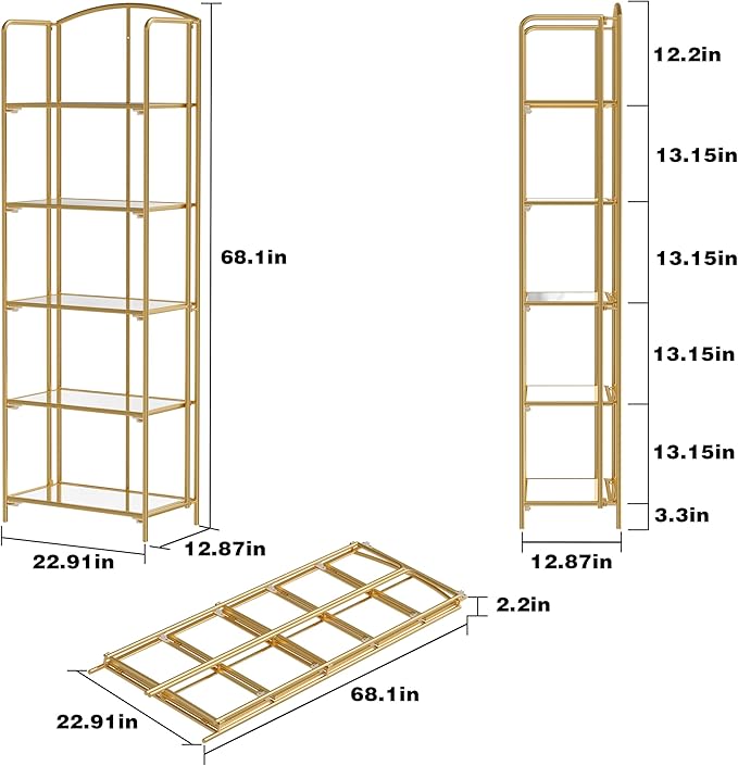 Crofy 5-Tier Foldable Bookshelf, Gold Frame & Transparent Shelves | No-Assembly Collapsible Portable Storage Organizer; Sturdy Transparent Shelves; Ideal for Living Room & Home Office