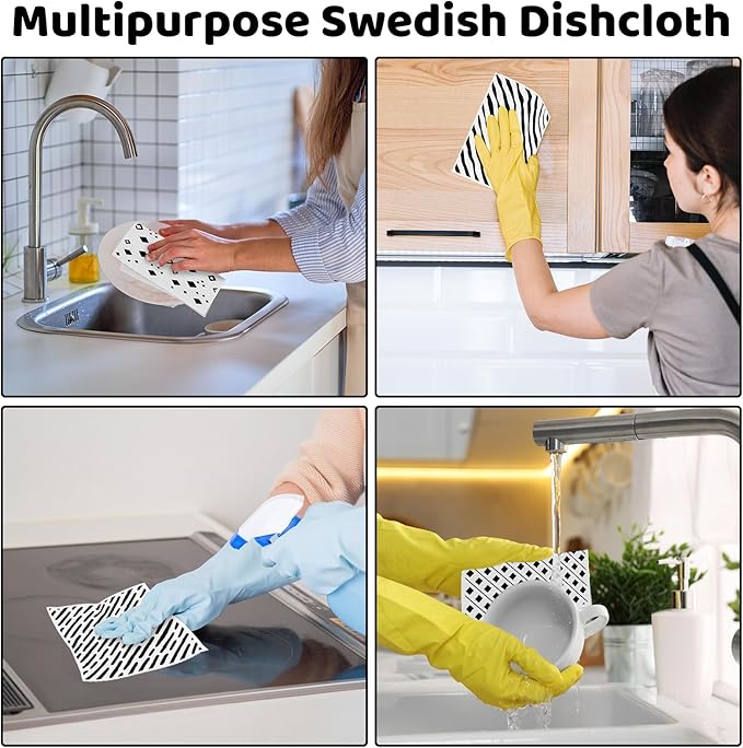 Needbrock 6 Pack Swedish Dishcloths for Kitchen,Swedish Rags Dish Towels with Clips, Reusable Paper Towels Washable Absorbent Cellulose Sponge Cloths No Odor for Countertop Sink Kitchen