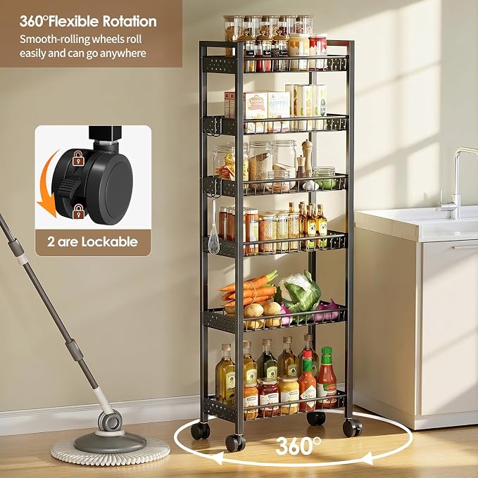 6 Tier Slim Storage Cart, Narrow Rolling Cart with Wheels, 6in(W) | Narrow Mobile Utility Shelf Unit Organizer for Kitchen, Bathroom, Laundry Room, Living Room, Small Places, Black