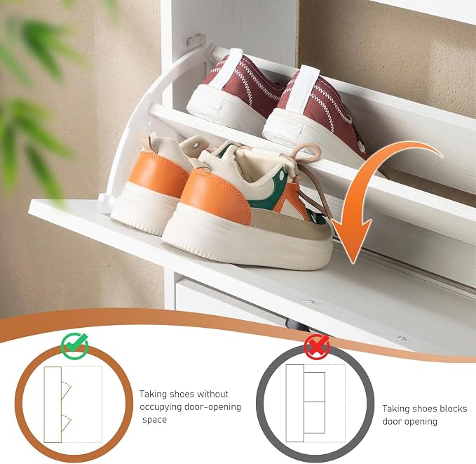 VINGLI Tall Farmhouse Shoe Cabinet with 3 Flip Drawers, Slim Entryway Shoe Storage Organizer with Metal Legs, Narrow Free Standing Wood Shoe Rack for 24 Pairs, Washed White (55" H)