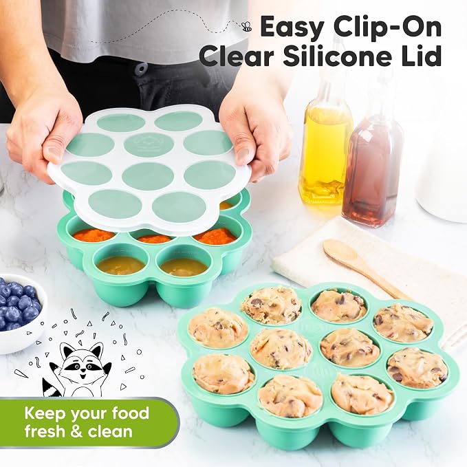 KeaBabies Silicone Food Freezer Trays with Lid, 2oz x 10 Pods (Alpine Green)