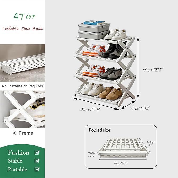 4 Tier Bamboo Shoe Rack White,Portable Folding Shoe Storage Rack,Without Installation Small Shoe Rack Perfect for Corridors, Drom, Bedrooms and Small Spaces